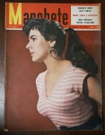 Revista Manchete Nº 176 (Setembro/1955) - Capa Sobral Pinto / Lollobrigida - Destaque de Capa: Retrato de perfil de modelo com blusa listrada e brinco de argola marcante sobre fundo terracota. Apresenta marcas de tempo naturais, como pequenos desgastes e marcas de dobras nas bordas da capa e na lombada. Diferente de outros exemplares, este não possui rasuras ou assinaturas marcadas a caneta na folha de rosto. Miolo preservado.