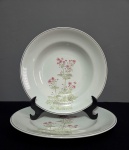 Conjunto de pratos de coleção, confeccionados em porcelana chinesa, na cor branca, decorado com flores multicoloridas  sendo um prato raso e um prato fundo. Med.: 21 e 28 cm.