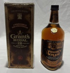 Whisky escocês Grant's Royal, 12 anos. Blended Scotch Whisky envelhecido por 12 anos, engarrafado na Escócia por William Grant & Sons. Garrafa de 1 litro, graduação aproximada de 43% vol. (86 U.S. Proof), acompanhada de caixa original. Exemplar vintage destinado ao mercado de exportação, de interesse para colecionadores. Conteúdo não atestado.