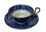Antiga xícara de coleção em porcelana inglesa, decorada no padrão Blue Willow, com rica estampa em azul-cobalto representando paisagem oriental, pagodes, ponte, embarcações e vegetação. Bordas delicadamente filetadas a ouro. Manufatura na base.