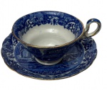 Antiga xícara de coleção em porcelana inglesa, decorada no padrão Blue Willow, com rica estampa em azul-cobalto representando paisagem oriental, pagodes, ponte, embarcações e vegetação. Bordas delicadamente filetadas a ouro. Manufatura na base.