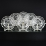 VIDRO, seis (6) pratos para sobremesa, incolores e translúcidos, moldados em esferas, possivelmente americanos da Fenton Glass, medindo 18,5 cm diâmetro, sinais de uso, vide foto.