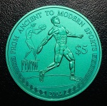 Moeda Libéria - 5 Dolares 2004 - Km-831 FC - Nióbio - 15,55 g - 38 mm - Comemorativa Lançamento de disco - Série: Dos esportes antigos aos modernos.