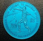 Moeda Libéria - 5 Dolares 2004 - Km-832 FC - Nióbio - 15,55 g - 38 mm - Comemorativa Lançamento de dardo - Série: Dos esportes antigos aos modernos.