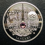Moeda Niue - 1 Dolar 2014 - FC Proof - Prata (.925) (com cristal Swarovski) - 10 g - 32mm - Série: Calendário Mágico da Felicidade, Janeiro - com Certificado. 