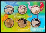 Folder Com 6 Medalhas Serie Bichos do Real - Casa Da Moeda Do Brasil - Niquel - 30mm - 10,15gr - Tartaruga Marinha, Garça, Arara, Mico Leão Dourado, Onça Pintada, Garoupa.