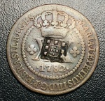 Cobre do Brasil - XX Reis 1782 - C-252 com Carimbo de Escudete - 1º Tipo Coroa Baixa - Colonia D. Maria e D. Pedro III - Excelente Conservação.
