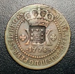 Cobre do Brasil - XX Reis 1778 - C-280 com Carimbo de Escudete - 2º Tipo Coroa Alta - Colonia D. Maria e D. Pedro III - Excelente Conservação.
