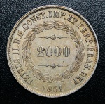 Moeda do Brasil - 2000 Reis 1851 - P-570 - Prata (.917) - 25,5gr - 37mm - 1º Tipo - 3º Sistema Monetario - Império Pedro II - Excelente Conservação.