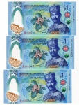 3 Cédulas Estrangeira Brunei - 1 Dolar 2026 P-New Polimero FE - Sultão Hassanal Bolkiah. 