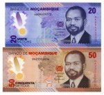 2 Cédulas Estrangeira Moçambique 2024 Polimero FE - 20 e 50 Meticais - Primeiro presidente, Samora Moisés Machel. 