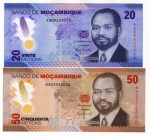2 Cédulas Estrangeira Moçambique 2024 Polimero FE - 20 e 50 Meticais - Primeiro presidente, Samora Moisés Machel. 