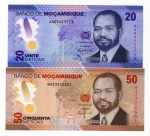 2 Cédulas Estrangeira Moçambique 2024 Polimero FE - 20 e 50 Meticais - Primeiro presidente, Samora Moisés Machel. 