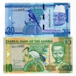 2 Cédulas Estrangeira - Gambia - 10 Dalasis 2006-2013 P-26 fe - 20 Dalasis 2015 P-33 FE.