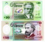 2 Cédulas Estrangeira - Uruguai Polimero FE - 20 Pesos Uruguaios 2020 Série A - P-101 / 50 Pesos Uruguaios 2020 Série A P-102.