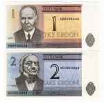 2 Cédulas Estrangeira - Estônia - 2 Krooni 1992 - P-85 Fe / 1 Kroon 1992 P-69 Fe. Retrato do artista estoniano Kristjan Raud.