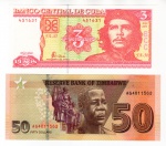 2 Cédulas Estrangeiras - ( Cuba 3 Pesos 2004 P-127 FE ) - ( Zimbabué 50 dólares 2020 P-105 FE ).
