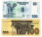 2 Cédulas Estrangeiras - ( 	República Democrática do Congo 100 Francos 2022 P-98 Fe ) - ( 	Zimbabué 100 dólares 2020 P-106 Fe - Série: Edição 2019-2023 ).
