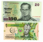 2 Cédulas Estrangeiras - ( 	Turcomenistão 1 Manat 2017 Comemorativa 5º Jogos Asiáticos de Artes Marciais e de Salão FE ) - ( Tailândia 20 Bahts 2003-2013 P-109 FE ).