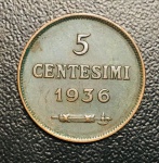 Moeda San Marino - 5 Centesimi 1936 R - Km-12 - Período República ( 301-data ).