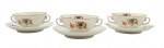 REAL S.PAULO - Conjunto de 03 consomês com seus respectivos pires, decorados com filetes dourados e coloridos motivos florais; em porcelana brasileira da manufatura Real. Medidas: 17 x 7 cm.
