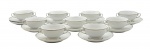 REAL S.PAULO, MADE IN BRAZIL - Conjunto com 09 consomês e 10 pires para consomês, decorados com filetes prateados. Em porcelana brasileira, da manufatura Real. Medidas: 17 x 6 cm.