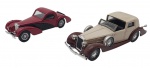 SOLIDO - Lote com 2 miniaturas de ferro com partes plásticas. Feitos na França. Modelos: DELAGE D8 120 1939 e BUGATTI 57 S ATALANTE 1939. Pneus de borracha, escala 1:43. Podem conter ínfimas marcas e desgastes.