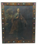 ARTE SACRA - QUADRO - OST, representando São Pedro com as chaves do céu; moldura em madeira com apliques de pedras de resina coloridas e multifacetadas; assinatura do artista não localizada. Medidas com moldura: 94 x 79 cm; Medidas sem moldura: 80 x 65 cm. Tela com sinais de restauro no canto superior direito. Uma das pedras ausente da moldura. Envio somente por transportadora. Retirada na Rua Citiso.