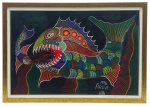 CHICO DA SILVA (1910-1985) - Quadro, ano 1976, OST, assinado no canto inferior direito, representando peixes. Sua obra recebeu destaque recentemente nas exposições em Nova Iorque e na Pinacoteca de São Paulo em 2023, lançando luz sobre a beleza da obra deste artista que em suas criações aborda figuras fantásticas e seres mitológicos de forma livre e colorida. Moldura em madeira patinada de dourado. Medidas com moldura: 73 x 51 cm; Medidas sem moldura: 64 x 43 cm.