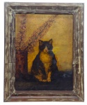 BERTHA ORTIGÃO (1863-1947) - Quadro, OST, assinado, CIE, representando um gato. A artista Bertha Ramalho Ortigão era filha de Ramalho Ortigão, importante escritor, jornalista e crítico português do séc. XIX. Moldura em madeira com acabamento em pátina envelhecida. Medidas com moldura: 82 x 66 cm; Medidas sem moldura: 63 x 48 cm. Tela com sinais de restauro na área central.