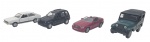 MAISTO - VW PASSAT TS, JEEP WILLYS, MERCEDES-BENZ SLK e JEEP LIBERTY - Lote com 4 miniaturas em metal com partes plásticas, rodas livres e pneus de borracha. Escala 1:43. Podem conter pequenas marcas.