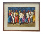 NEVES E SOUZA (1921-1995) - Quadro, técnica mista sobre papel, assinado, CID, representando o n'golo (dança tradicional angolana). Moldura em madeira com paspatur e frontal de vidro. Medidas com moldura: 73 x 57 cm. Medidas sem moldura: 52 x 38 cm. Papel com manchados.