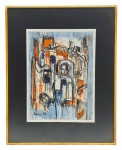 QUADRO - ANO 1981 - Quadro, técnica com lápis de cera, assinado, CIE, artista não identificado, arte abstrata com figuras antropomórficas; moldura em madeira e frontal de vidro. Medidas com moldura: 41 x 52 cm; medidas sem moldura: 34 x 26 cm. Papel com alguns manchados.