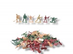COLECIONISMO, cinquenta e cinco (55) soldadinhos antigos em material plástico, com figuras militares em posições variadas, incluindo soldados em pé, ajoelhados, com armas e acessórios moldados, em cores diversas como verde, bege e vinho.