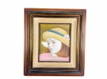MARÍLIA PAIVA (?), "Figura Feminina", óleo sobre eucatex, moldura em madeira nobre com filete dourado, medindo 46,5x41,5cm e obra 27x22cm.