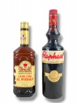 BEBIDA, duas (2) garrafas antigas/colecionáveis, sendo: A) uma garrafa de Tires Pilulmas  Licor Fino ao Whisky, conteúdo 750ml, rótulo em tons creme e vermelho, tampa dourada, com líquido aparente em seu interior; B) uma garrafa de Raphaël  LApéritif de France, aperitivo francês, garrafa escura com rótulo em tons branco, vermelho e dourado. 1 lacrada e 1 com tampa aberta, porém, líquido se encontra lá, sem garantia de integridade do líquido.