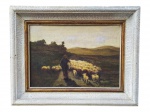 ASSINATURA ILEGÍVEL, "Rebanho", óleo sobre tela com pequena falha, moldura em madeira com patina branca, medindo 40x51cm e tela 26,5x37,5cm.
