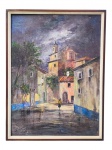 ASSINATURA DESCONHECIDA, "Casarios", óleo sobre tela com pequenas falhas, moldura em madeira escura, medindo 77x58,5cm e obra 71,5x52,5cm.