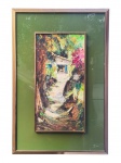 ASSINATURA DESCONHECIDA, "Paisagem", óleo sobre eucatex, moldura em metal dourado com sinais de oxidação, paspatur em vidro na tonalidade verde, medindo 86,5x58,5cm e obra 56,5x28,5cm.