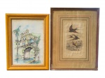 QUADROS, duas (2) peças, sendo: A) um quadro com aquarela/gravura representando paisagem arquitetônica colonial com igreja, casario, ponte em pedra e palmeira, assinada no canto inferior direito, moldura em madeira com frente em vidro, medindo 38,5x28,5cm e B) um quadro com gravura/estampa antiga de aves, com passe-partout decorativo em múltiplas linhas, moldura em madeira escura, com vidro, marcas do tempo, medindo 42,5x32,5cm.