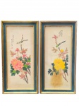 QUADROS, duas (2) pinturas orientais sobre seda, representando aves pousadas entre flores e folhagens, com inscrições/caligrafias laterais e carimbos em vermelho, em tons suaves de verde, rosa, amarelo e azul, apresentando manchas, molduras em madeira com patina verde e dourada, medindo 54,5x27,5cm.