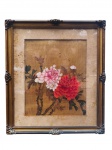 QUADRO, uma (1) pintura sobre seda, representando composição floral oriental com flores em tons de rosa, branco e vermelho, sobre fundo amarronzado, sinais de oxidação, manchas e marcas do tempo no papel de contorno, moldura em madeira patinada com adornos de inspiração clássica, medindo 56x46,5cm.