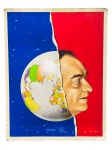 REPRODUÇÃO, uma (1) reprodução colorida sobre papel, com composição gráfica representando globo terrestre sobre fundo azul estrelado e vermelho, com perfil masculino em destaque, assinatura/inscrição aparente na parte inferior, sinais de umidade, medindo 54,5x42cm.