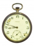 RELÓGIO, um (1) relógio de bolso antigo da manufatura LONGINES, mostrador claro com numeração arábica, apresentando quebra, ponteiros escuros e submostrador de segundos, caixa em metal prateado com tampa interna marcada E.F.Co Longines e numeração, parte externa com monograma gravado, visor em acríico amarelado, falhas na prateação, vendido no estado, funcionando, sem garantias futuras, caixa medindo 4,8cm de diâmetro sem coroa.