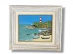 RENATO MACHADO, "Paisagem c/ Canoas", datado de 2009, acrílica sobre eucatex, moldura em madeira com patina branca, medindo 41x47,5cm e eucatex 25x31cm.