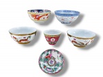 PORCELANA ORIENTAL, lote com seis (6) bowls confeccionados em porcelana oriental de modelos, tamanhos e decorações distintas, maior medindo 6x12,5cm e menor 2x10cm.