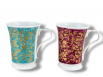 PORCELANA DUNOON MANTUA, duas (2) canecas de coleção confeccionadas em porcelana inglesa na tonalidade branca com decoração de elementos vegetalistas em ouro sobre fundo verde e vinho, medindo 11,5x11,5x8,5cm.