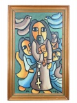 NERY (?), " Jesus cercado por Anjos", óleo sobre eucatex, datado em 1976, moldura em madeira, medindo 57x37cm e obra 48x28cm. Pequenas manchas na pintura.