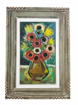 Tadashi Kaminagai (27 de setembro de 1899, Hiroshima, Província de Hiroshima, Japão - 14 de junho de 1982 (idade 82 anos), Paris, França), "Vaso de Flores", pintura sobre madeira, moldura em madeira entalhada com patina esverdeada, madeira da pintura com curva, necessitando reparo, sinais de umidade na moldura, medindo 65x46cm e obra 36,5x26,5cm.