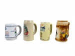 PORCELANAS e FAIANÇAS, lote com quatro (4) canecas para chopp de modelos, tamanhos, decorações e materiais distintos, sendo 3 em porcelana e 1 em faiança, maior medindo 17x13,5x8cm e menor 13,5x13x8cm.